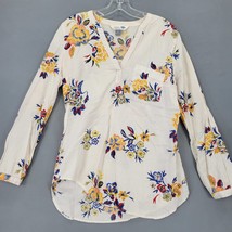 Old Navy Women Shirt Size S Cream Floral Retro Tunic Classic V-Neck Long Sleeves - £9.35 GBP