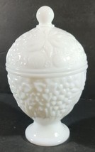 Vintage MILK GLASS COMPOTE CANDY DISH WITH LID Flowers Small White Pedes... - $11.87