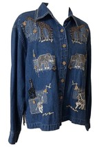 Dress Barn Womens Sz L Denim Jacket Giraffe Zebra Elephant Patchwork Embroidery - £11.12 GBP