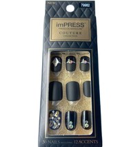 NEW Kiss Nails Impress Press On Manicure Short Gel Matte Black Silver Couture - £8.69 GBP