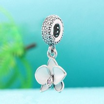 925 Sterling Silver Orchid Flower Dangle Charm with White Enamel and Zirconia  - £13.27 GBP