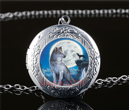 Wolf Moon Cabochon LOCKET Pendant Silver Chain Necklace USA Ship #104 - £11.99 GBP