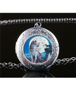 Wolf Moon Cabochon LOCKET Pendant Silver Chain Necklace USA Ship #104 - £11.95 GBP