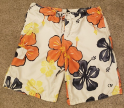 OP Board Shorts, Sz Large 36-38(40) White Floral w/Orange Blue Yellow Flowers - £11.83 GBP