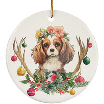 Cavalier King Puppy Dog Deer Anlters Christmas 2024 Ornament Ceramic Gift Decor - $15.79