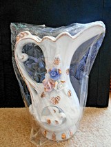 Flower Pitcher Vase White w/Gold Trim, Pink & Blue Flowers 7" - $13.85