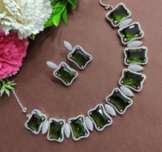 Bollywood Style Indian Silver Plated CZ Necklace Choker Green Jewelry Set - £74.40 GBP