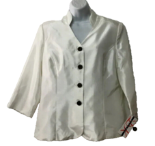 Dana Key Women&#39;s Shiny White Brown Button Stand Collar Jacket Blazer Size 14 - £21.75 GBP