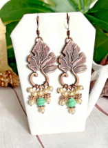 Rustic Copper Leaf Earrings Handcrafted Beaded Jewelry Antique Copper Color - $4.72 CAD
