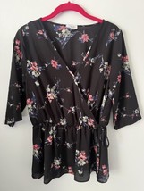 Sienna Sky Womens Black Floral 3/4 Sleeve Tie Waist Wrap Blouse Top Size... - $11.88
