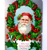 Santa Claus Christmas Postcard Wreath Holly United Art 1909 Germany Embossed - £5.42 GBP