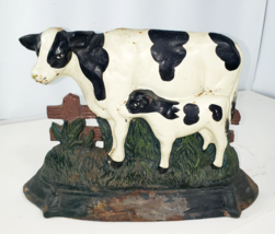 VTG Cast Iron Black &amp; White Dairy Cow with Calf Door Stop 10-7/8&quot; L Rusty Patina - £39.04 GBP