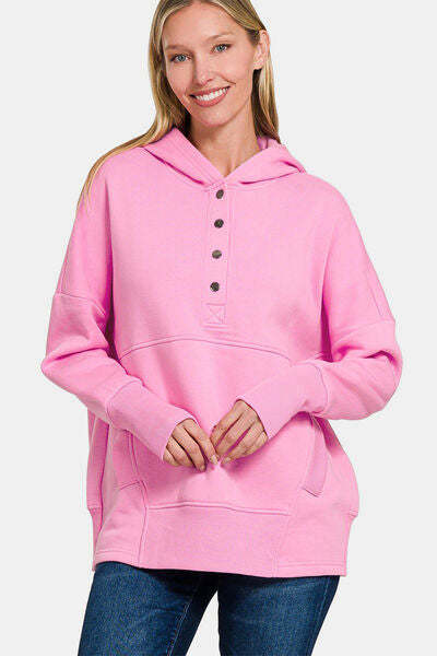 Zenana Half Snap Long Sleeve Hoodie with Kangaroo Pocket - $38.51