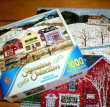 Jigsaw Puzzle 1000 Pcs Church Covered Bridge Horses Town Shops Folk Art Complete - $13.85