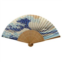 SILK HAND FAN Japanese Wave 8&quot; Blue Tsunami Folding Pocket Purse Asian H... - $8.95