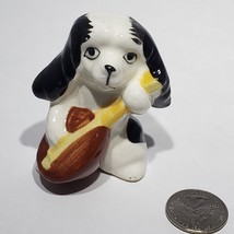 Vintage Ceramic Dog Playing Mandolin Banjo Guitar Figurine White Black Japan - £14.85 GBP