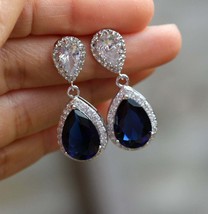 4Ct Simulated  Pear Blue Sapphire Drop &amp; Dangle Earrings 14k White Gold Plated - £61.69 GBP
