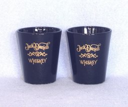 Jack Daniels 2 Shot Glasses Gold Lettered Black Glass Libbey - $6.99