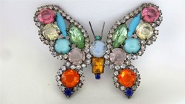 Vintage Gunmetal Open Back Colorful Faceted Rhinestones Butterfly Pin Brooch - £79.13 GBP