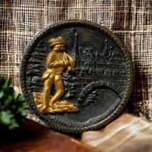 Antique Pictorial Button Shank Pied Piper Of Hamlin Brass Round Victorian Large - $29.69