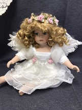Porcelain Girl Angel Doll 10&quot; - Sitting - Feather Wings - Barefoot - Curly Hair - £12.61 GBP