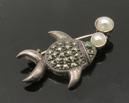 JUDITH JACK 925 Silver - Vintage Pearls &amp; Marcasite Fish Brooch Pin - BP8495 - £51.15 GBP