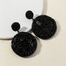 Black Round Beaded Crystal Drop Dangle Beaded Bead Earrings 4.9cmx6.8cm - $9.49