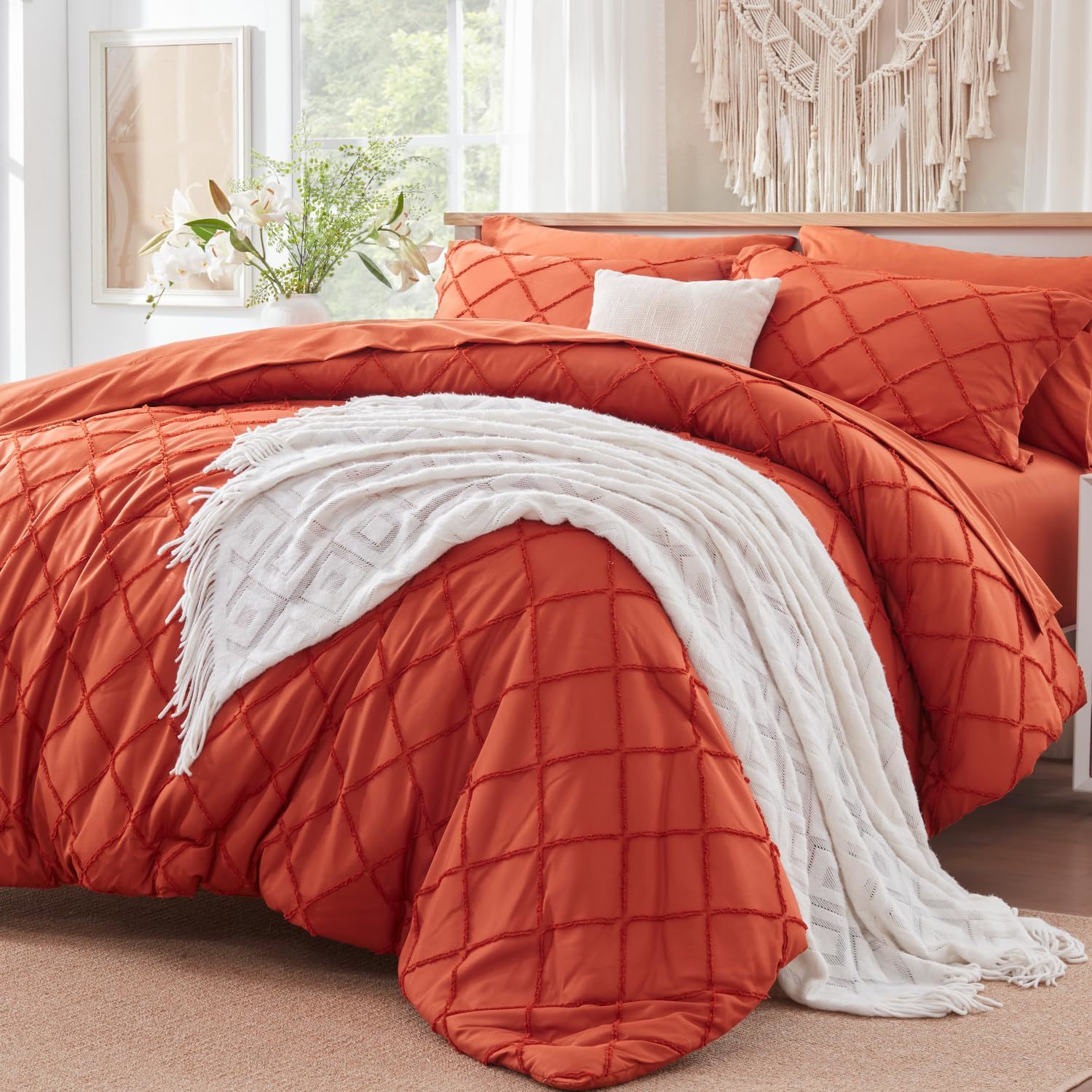 Orange Comforter Set With Jacquard Tufted Design, Farmhouse Bedding Sets For All