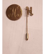 Initial &quot;H” Engraved Letter Gold Tone Cursive Script Pin Brooch Lot Of 2 - £20.08 GBP