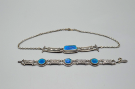 Noy Li Sterling Link Bracelet Necklace Set Blue Stone Israel 925 Red Sea Jewelry - £116.00 GBP