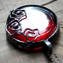 Glass pendant blood red glass  necklace on chain  fused Glass red pendant huge c - $42.00