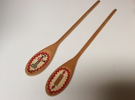 Set of Vintage Hanging Wooden Spoons w/Cross Stitch Design &amp; Rick Rack - £11.20 GBP