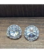 80's Clear Rhinestone Silver Tone Rivoli Clip-On Earrings Circle Round S... - $15.00