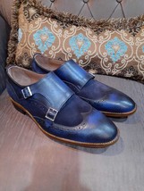 Handmade Men&#39;s Blue Wingtip Cowhide Leather Double Monk Dress Formal Shoes - £101.09 GBP+