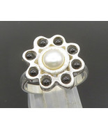 925 Sterling Silver - Vintage Cultured Pearl &amp; Onyx Flower Ring Sz 7 - R... - £27.08 GBP