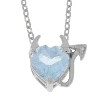 Aquamarine &amp; Diamond Devil Heart Pendant 18&quot; Chain 14K Gold Plated Silver - $140.23