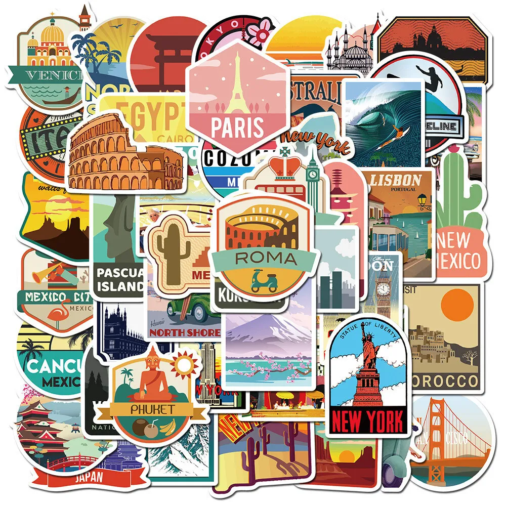 50pcs Travel Cityscape Sticker Pack For Water Bottle,Laptop,suitcase,Jou... - $11.99