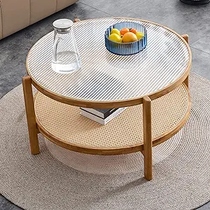 Solid Wood Round Small Coffee Table For Living Room,Modern Rattan Woven ... - £289.76 GBP