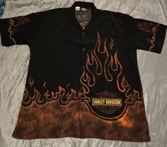 VTG Harley Davidson Shirt AOP Mens XL Black Orange Short Sleeve Button Up Flames - £39.89 GBP