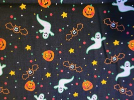 Halloween Fabric 4 Yds Flying Ghosts Bats Jack-o-lantern Pumpkins Stars on Black - £29.86 GBP