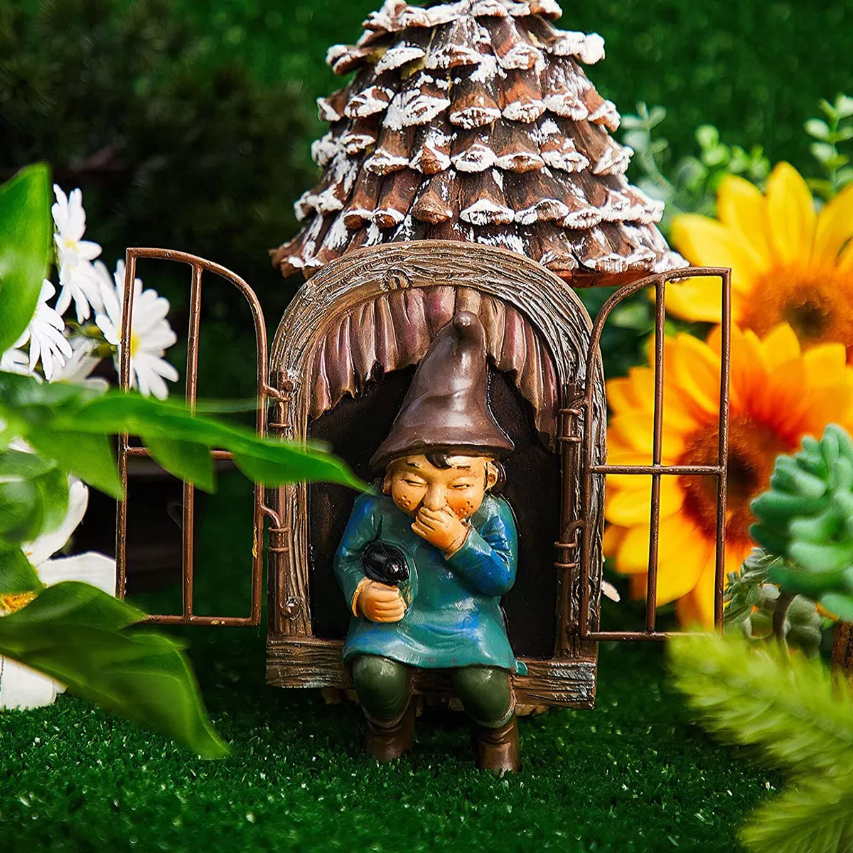 Resin Gnome Elf Statue Hugger Two Window Outdoor Garden Tree Yard Lawn A... - $665.26 MXN