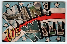 Win We Will WWII Patriotic Large Letter Linen Postcard 1943 War Planes Ship Boat - £16.07 GBP
