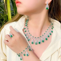 Indian Silver Plated Bollywood Style CZ Jewelry Green Necklace Earrings Set - £151.39 GBP