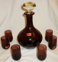 Vintage Smoky Purple Glass Wine Decanter W/6 Cordial Shot Glasses Portugal - £25.06 GBP