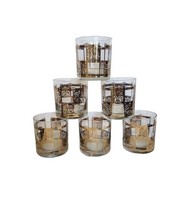 Vintage MCM Culver Prado Gold Leaf Checkered Low Ball Glasses Lot X 6 - $183.15