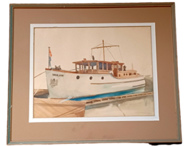 Watercolor Painting 1939 Motor Yacht at Dock Tacoma Washington Signed Johnson - £233.50 GBP