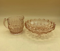 JEANETTE Pink Depression Glass 3-Footed Cubist Pattern Bowl &amp; Creamer Vintage - £21.01 GBP