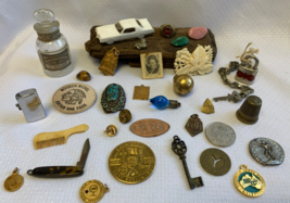 Antique Vtg Trinket Lot Bottle Tokens Coins Lock Ring Pocket Knife Colle... - £48.03 GBP