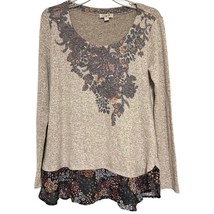 One World Live And Let Live Womens Tunic Top Beige Floral Long Sleeve Pullover S - £12.86 GBP