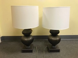 Pair Of Large Gray Or Dark Bronze Color Lamps With Leather Base And White Shades - £110.15 GBP